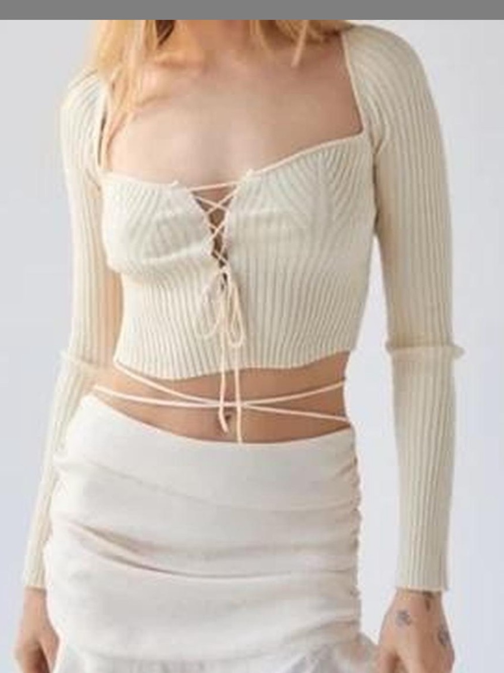 Urban Outfitters Cream Ribbed Lace-Up Long Sleeve Crop Top